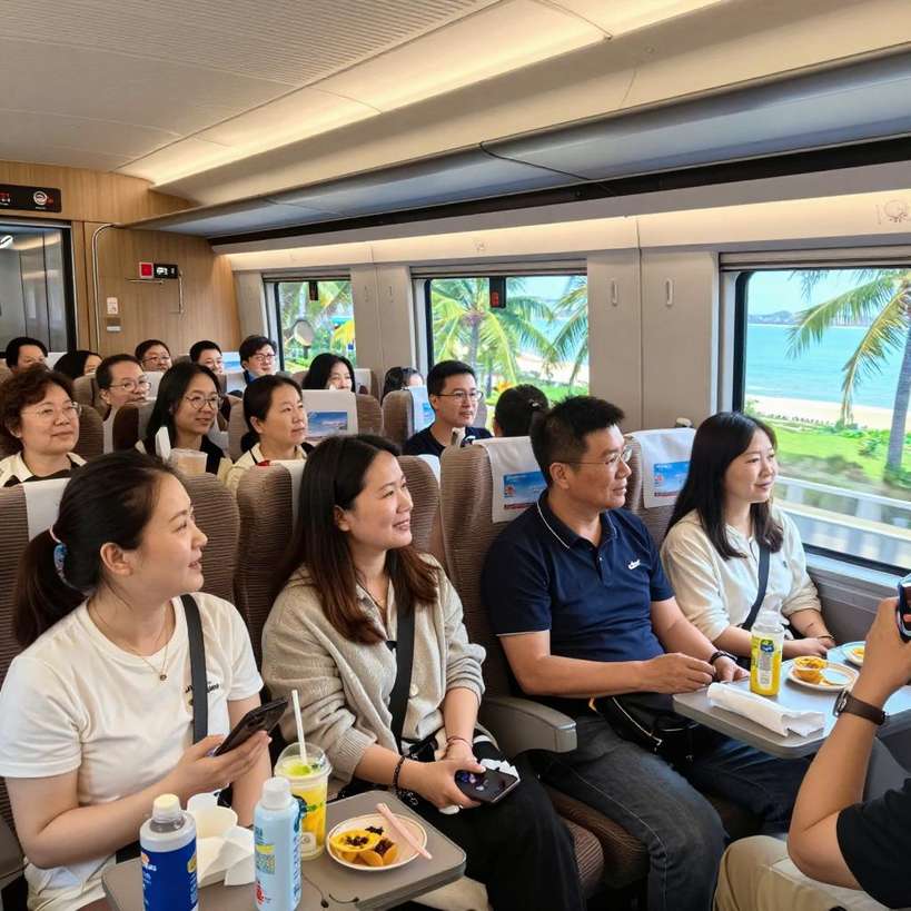 高铁车厢里全是外国人 / 近日 / 海南环岛高铁车厢及候车室里 / 有很多外籍旅客的面孔 / 自2025年12月海南全岛封关后 / 入境旅游热度攀升